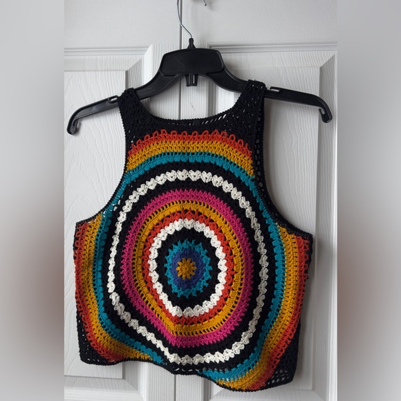Poof! Tops - POOF! Black & Multicolor Crochet Open Knit Sweater Tank Size Small